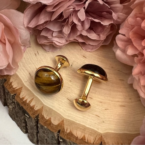 Elegant Round Brown & Gold Striped Tiger’s Eye Cufflinks - Picture 10 of 17